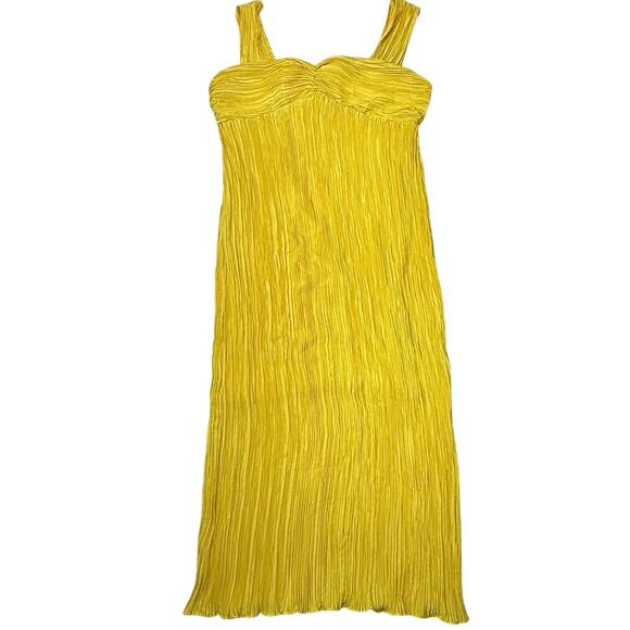 Anthropologie Pleated Satin Midi Dress with Wide Straps Yellow XL - Picture 3 of 8